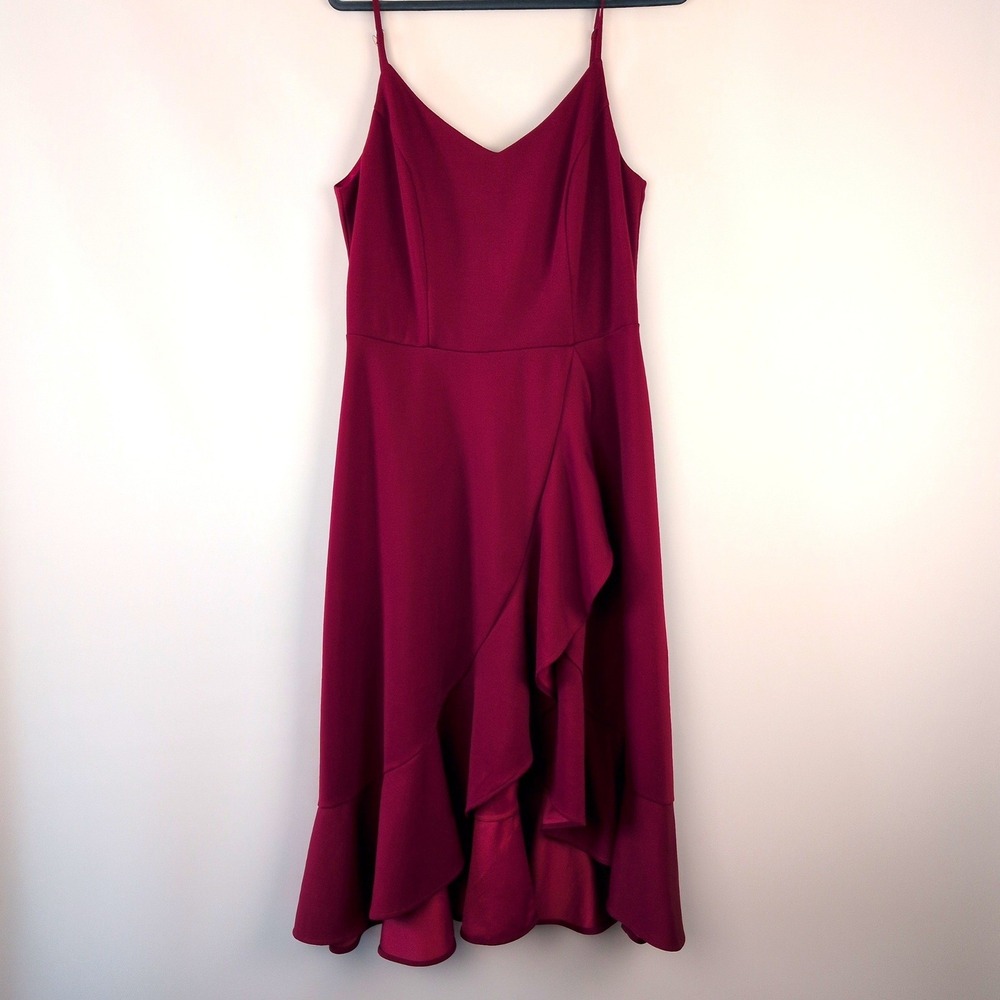 Dresstells Women XL Burgundy Asymmetrical Ruffle High-Low V-Neck Cocktail Dress